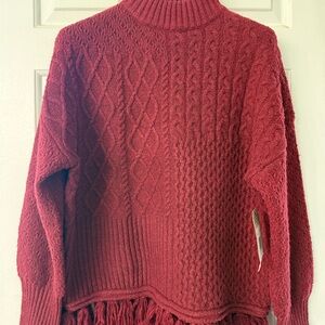 Frye & Co Rhubarb Cable Knit Sweater with Fringe and Balloon Sleeves Small NWT